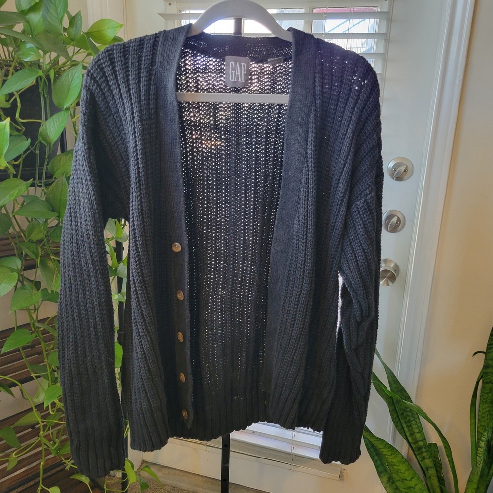 Gap Vintage Chunky Knit Cardigan Sweater Dark Gray Ramie Cotton Blend S Heavy